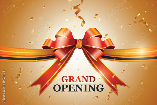 Grand Opening Golden Confetti and Ribbon, inauguration ceremony banner, opening celebration vector poster