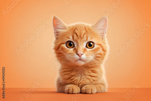 Cute orange kitty cat sitting with orange background