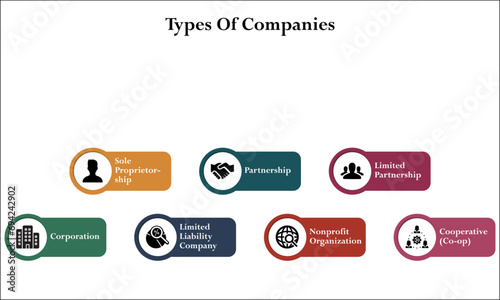 Types of Companies - Sole proprietorship, Partnership, Limited Partnership, Corporation, Limited liability company, Nonprofit Organization, Cooperative. Infographic template with icons