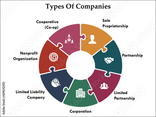 Types of Companies - Sole proprietorship, Partnership, Limited Partnership, Corporation, Limited liability company, Nonprofit Organization, Cooperative. Infographic template with icons