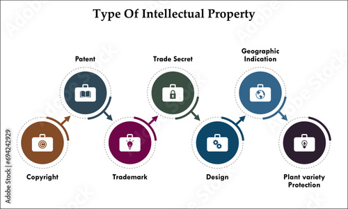 Types of Intellectual property - Copyright, patent, Trademark, Trade secret, Design, geographic indication, Plant variety protection. Infographic template with icons