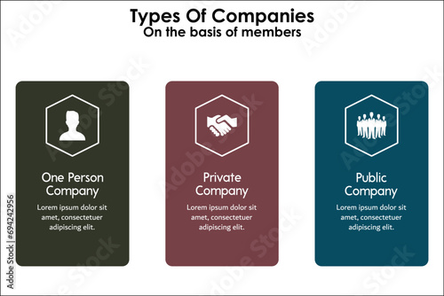 Three types of companies on the basis of member - One person company  Private company  Public company. Infographic template with icons