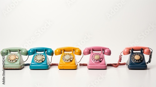 a set of vintage telephones in a variety of faded colors against a clean white surface. photo