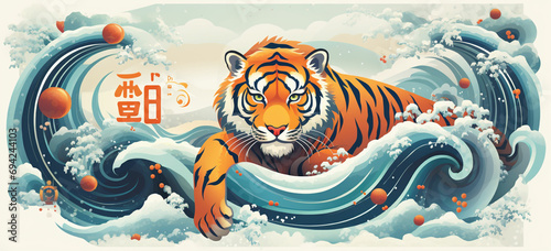 Chinese new year watercolor illustration. Year of the Tiger 2023 photo