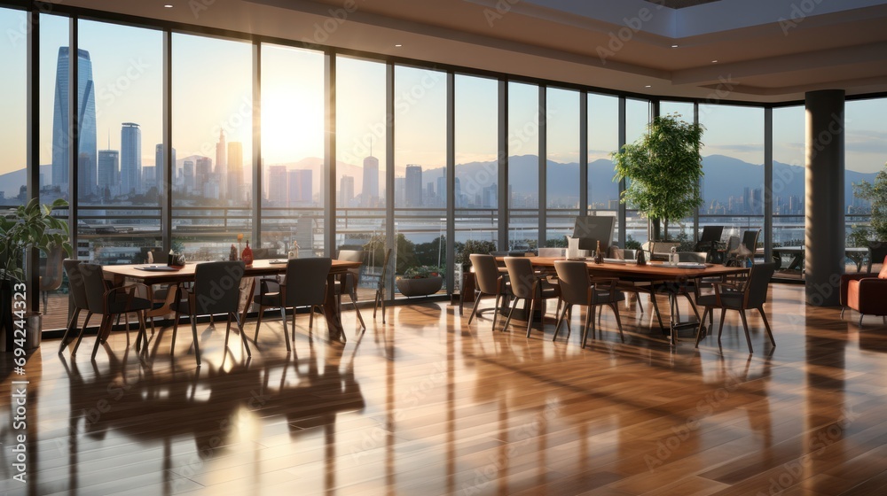Modern corporate boardroom with a panoramic view of the city skyline bathed in the warm glow of sunrise, reflecting off the polished wooden floor.