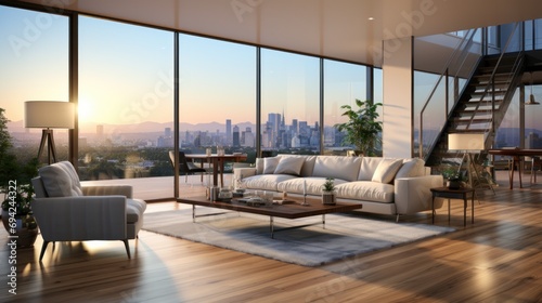 stylish and modern living room in a luxury apartment with an open-plan design  floor-to-ceiling windows offering a stunning sunset city view  and a cozy  elegant interior with warm wooden flooring...