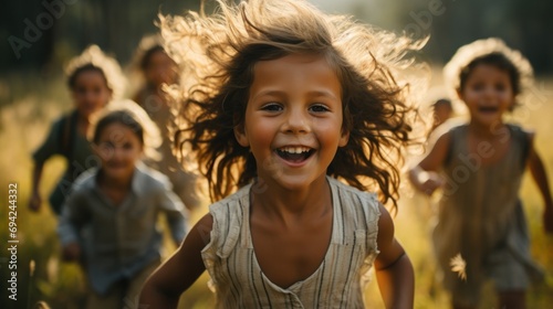 A jubilant young girl with tousled hair joyously leads a group of children in a playful dash through a sunlit field. Her hair flies wildly around her, capturing the energy and movement of the moment. photo