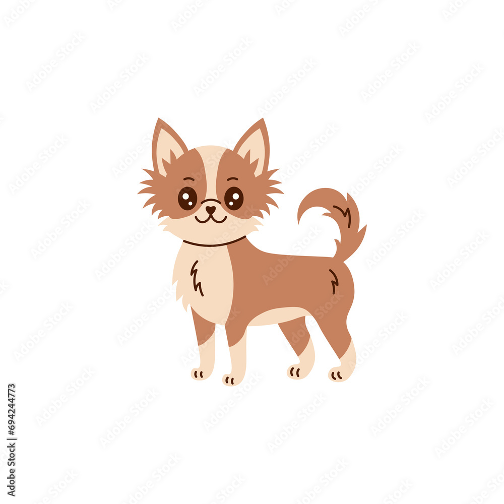 Cute Chihuahua vector illustration in cartoon style. Funny long haired domestic dog with fluffy tail and apple head. Happy small toy breed puppy from Mexica. Friend and companion.