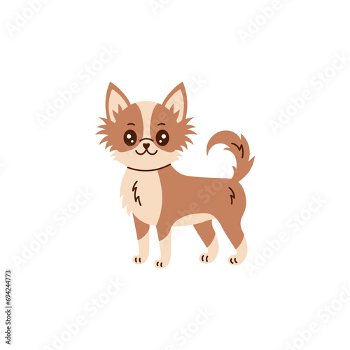 Cute Chihuahua vector illustration in cartoon style. Funny long haired domestic dog with fluffy tail and apple head. Happy small toy breed puppy from Mexica. Friend and companion.