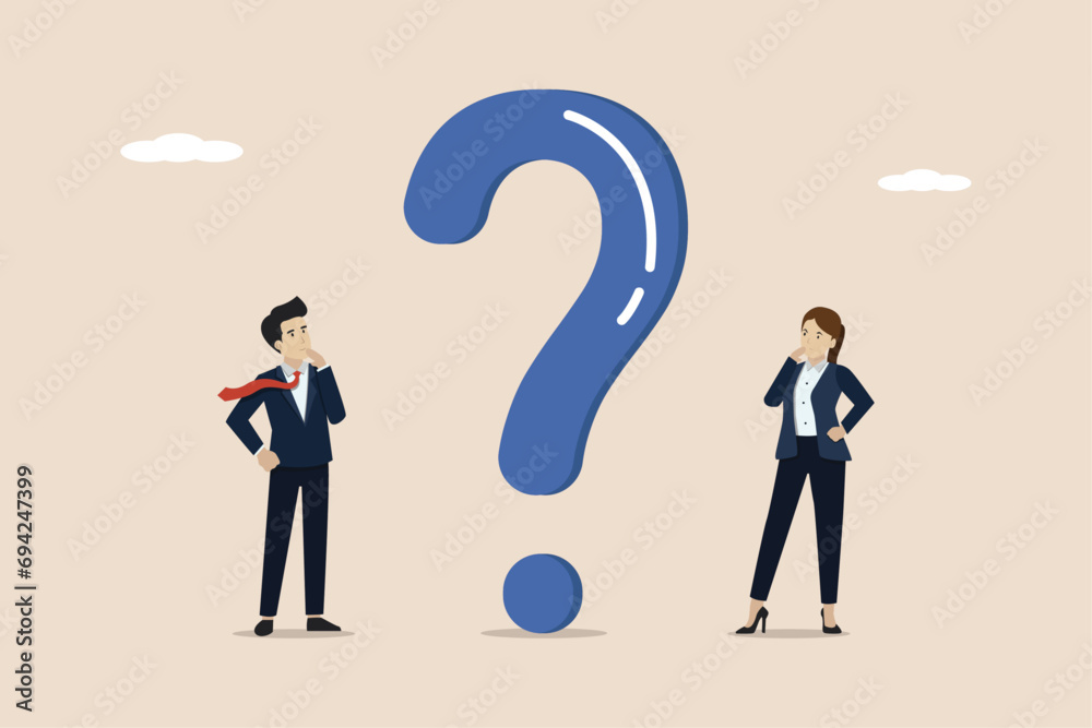 Looking for an idea to solve a business problem, looking for a solution, FAQ concept, confused businessman looking for a solution to a complex business problem. Looking for an idea to solve a business problem, looking for a solution, FAQ concept, confused businessman looking for a solution to a complex business problem.
