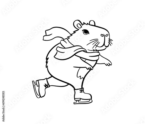 Cute capybara ice skating. Vector illustration hand drawn. For coloring books, postcards, templates.