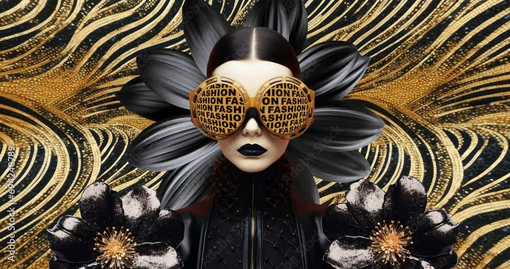 Fashion luxury model in black flower space. Stylish animation collage art
