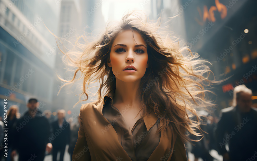 Caucasian teenage girl and businesswoman is walking in the wind on the street of city Caucasian teenage girl and businesswoman is walking in the wind on the street of city