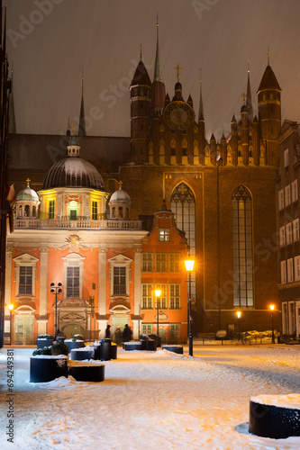  2023-02-04; winter. view of Basilica of St. Mary at night. Gdansk, Poland
