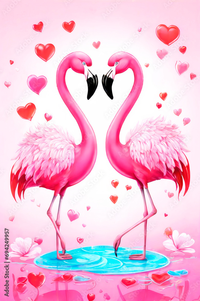 Obraz premium Happy valentine's greeting card, concept of love confession. A couple of very cute flamingo deep against a heart, cartoon character on a light pink background. Expression of tender feelings.