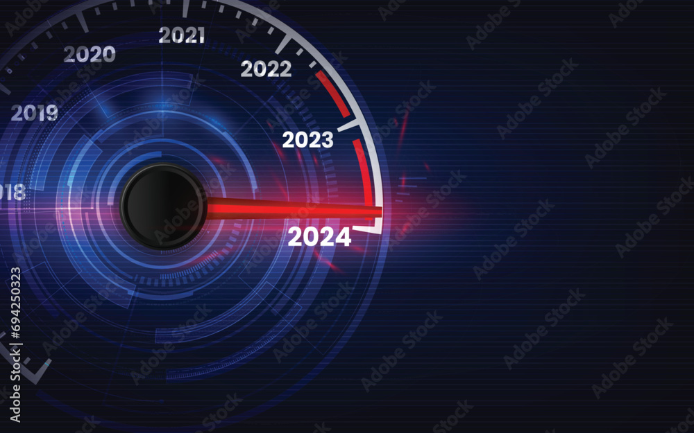 New year 2024 car speedometer, red indicator on black blur background