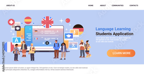 mix race students learning language on laptop online education e-learning concept horizontal copy space