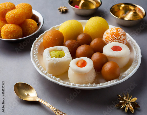 Indian sweets in a plate includes Gulab Jamun, Rasgulla, kaju katli, morichoor / Bundi Laddu, Gujiya or Karanji for diwali celebration photo