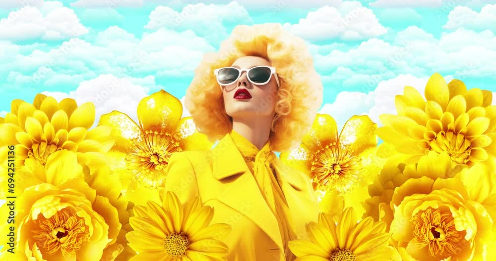Fashion luxury model in yellow flower space. Stylish animation collage art