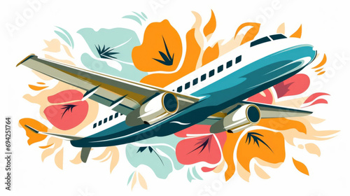 Floral airplane illustration in naive styles. Colorful transport in flowers and plants.