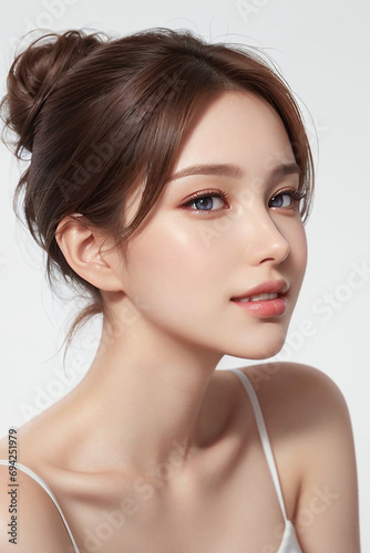 a beautiful young asian model woman smiling. Korean beauty. can be used in plastic surgery ad targeting Asian women. Suitable for diverse projects. isolated on white background. Generative ai.
