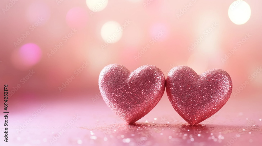 copy space, stockphoto, Two Hearts On Pink Glitter In Shiny Background - Valentine's Day Concept. Beautiful valentine background with some red hearts. Romantic background or wallpaper for valentine’s 