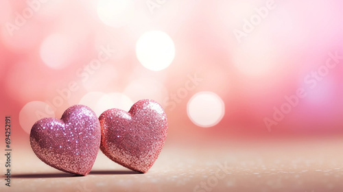 copy space, stockphoto, Two Hearts On Pink Glitter In Shiny Background - Valentine's Day Concept. Beautiful valentine background with some red hearts. Romantic background or wallpaper for valentine’s 