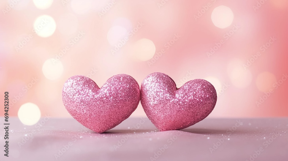 copy space, stockphoto, Two Hearts On Pink Glitter In Shiny Background - Valentine's Day Concept. Beautiful valentine background with some red hearts. Romantic background or wallpaper for valentine’s 