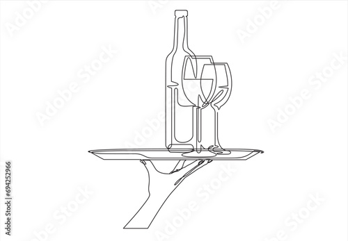 Continuous line drawing of waiter hand holding tray with wine bottle and glasses. Template for your design works. Vector illustration.