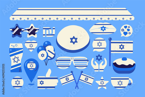 Set of Israel festive elements, attributes of believer Holiday. Israel flag, national headdress, star sunglasses, star of David, balloons, drink glass. Cartoon vector icons in milk blue colors