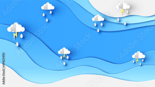 Illustration of rainy season on abstract sky background. Rainy season background. paper cut and craft style. vector, illustration.
