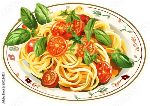 spaghetti with tomato sauce and basil leaves