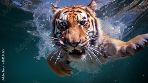 Tiger jump into a water. Underwater photography. Animal dive into the Depths. Beauty of wild nature. Hunting.