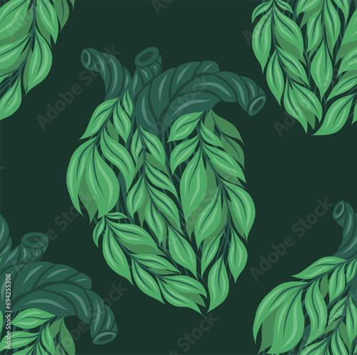 Vector seamless pattern with healthy human hearts made of leaves on dark green background. Healthy organ transplantation theme.