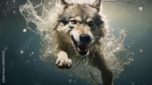 Wolf jump into a water. Underwater photography. Animal dive into the Depths. Beauty of wild nature. Hunting.