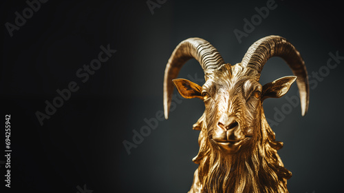 gold goat head sculpture trophy isolated on plain black background template with copy space