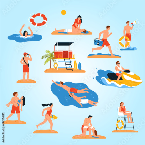 lifeguards color set with isolated icons compositions inflatable rings human characters lifesavers