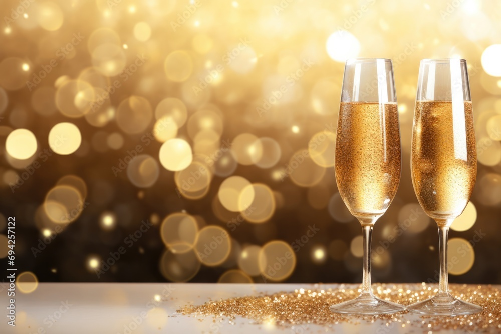 Champagne in the nigh with lights bokeh, glitter and sparks on the background Champagne in the nigh with lights bokeh, glitter and sparks on the background