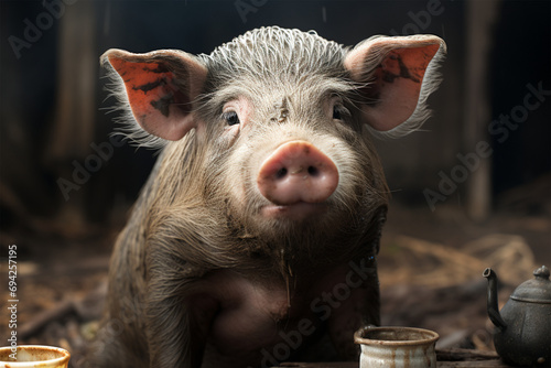 Portrait of dirty cute pig eating with big ears photo
