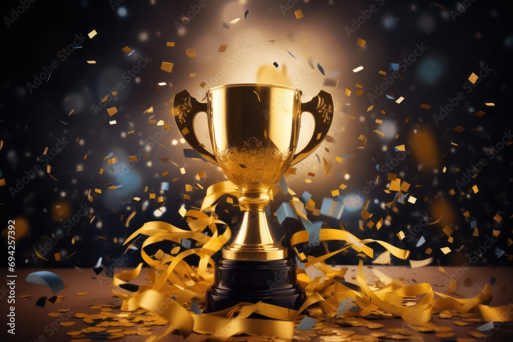 Winners trophy with falling confetti Winners trophy with falling confetti