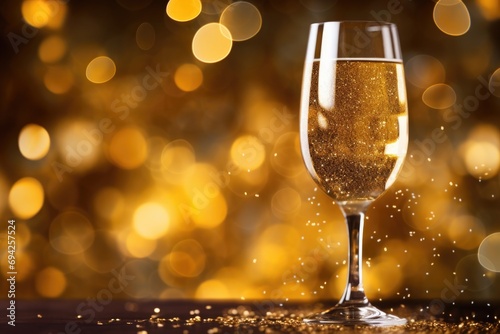 Champagne in the nigh with lights bokeh, glitter and sparks on the background