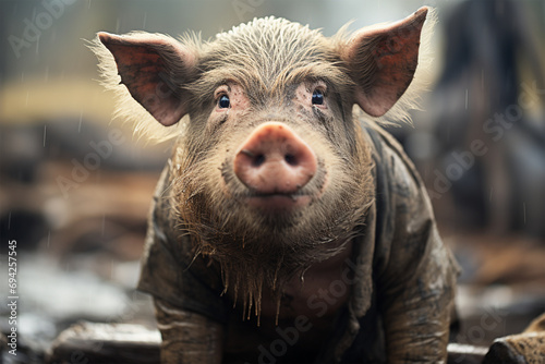 Portrait of dirty cute pig eating with big ears