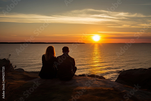 couple sitting on the beach at sunset