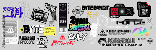 Cyberpunk style decals set. Set of vector car service stickers and labels in futuristic style. Inscriptions and symbols