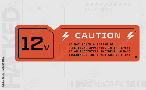 Cyberpunk style decal. Vector car service sticker in futuristic style. Inscription Caution 12v 