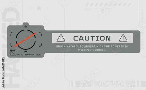 Cyberpunk style decal. Vector car service sticker in futuristic style. Inscription Caution