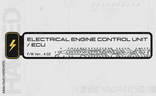 Cyberpunk style decal. Vector car service sticker in futuristic style. Inscription Electrical engine control unit, Ecu