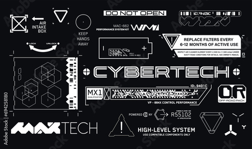 Cyberpunk style decals set. Set of vector car service stickers and labels in futuristic style. Inscriptions and symbols