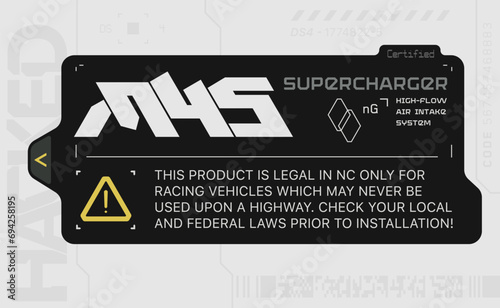 Cyberpunk style decal. Vector car service sticker in futuristic style. Inscription Supercharger 45