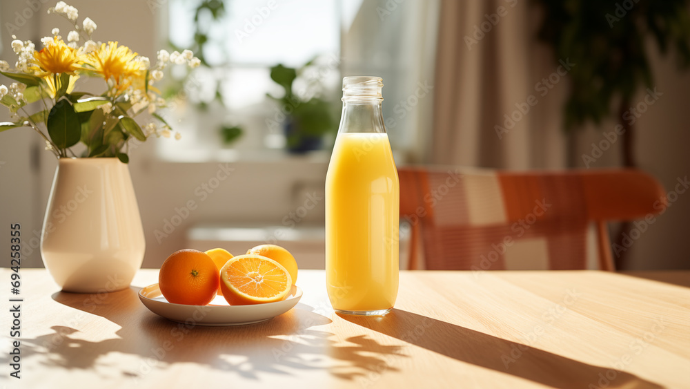 Orange Juice on a Modern Kitchen Table, Close-up Photo, Golden Hour, Soft Light